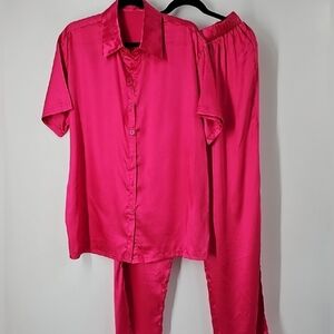 Satiny 2-Piece Lounge Set w Button Front Short Sleeve Top & Elastic‎ Waist Pants